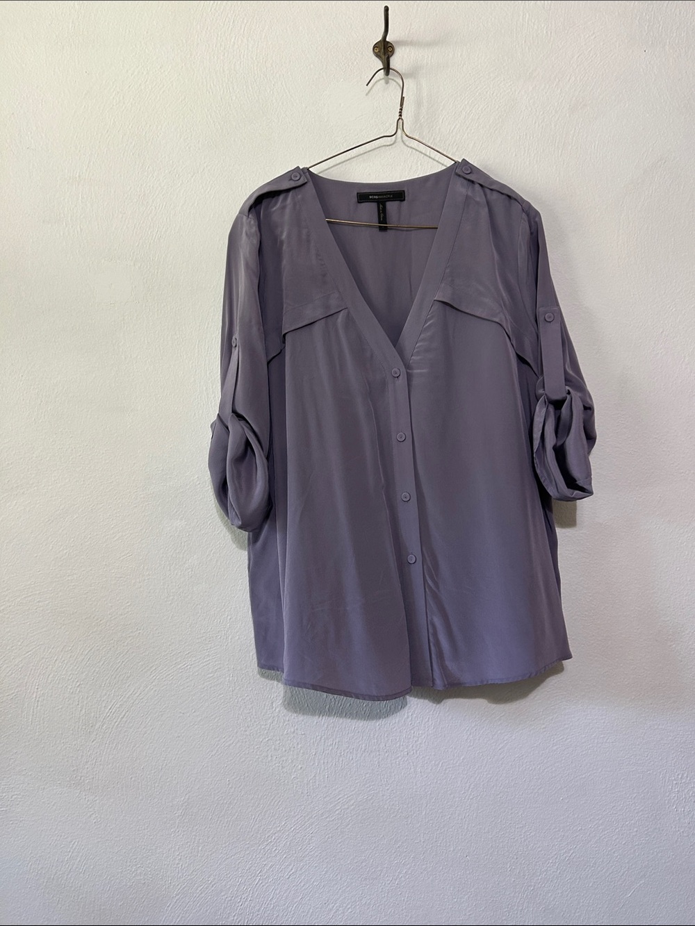 100% Silk Dusty Lavender Button-Front Roll-Sleeve Blouse